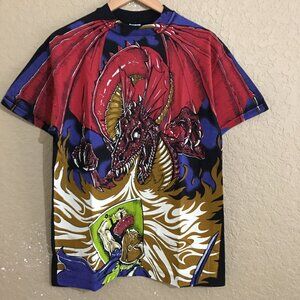 Dragon Breathing Fire at Knights All Over Print T-Shirt Large War Zone